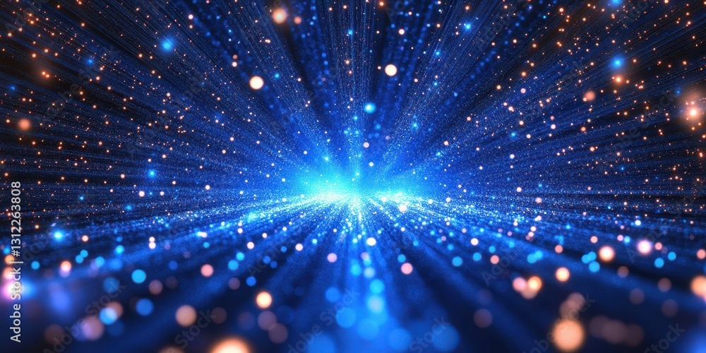 Poster vibrant cosmic light rays expand in a deep blue space creating a mesmerizing burst of energy and mot
