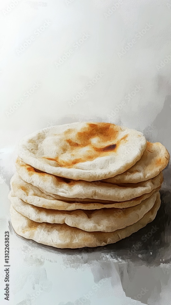 Poster a stack of flatbreads with a light brown color. the breads are piled on top of each other