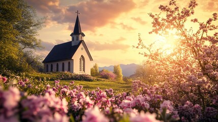 Peaceful Easter Sunday morning with a church