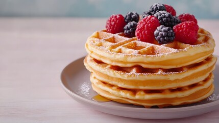 Stacked Golden Waffles with Fresh Berries and Syrup