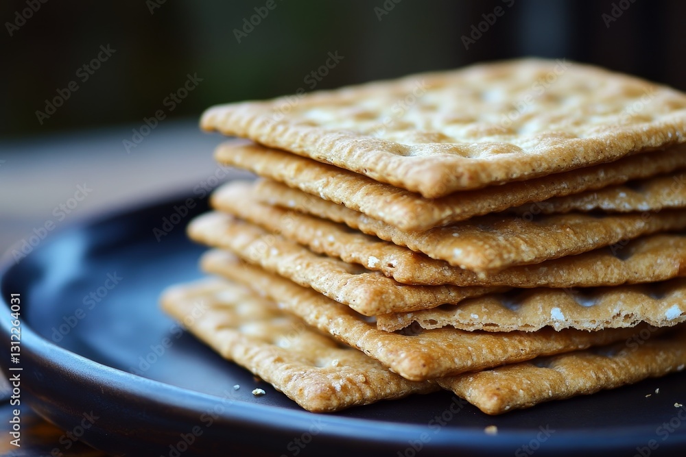 Poster a stack of crackers on a plate. the crackers are brown and have a slightly crispy texture. the plate