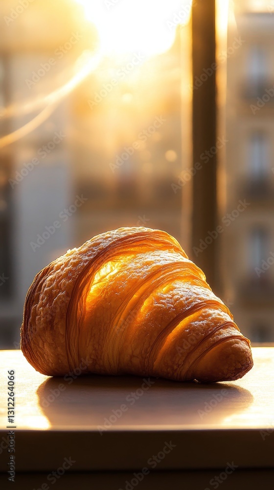Poster a croissant is sitting on a table with a window behind it. the light shining through the window is c
