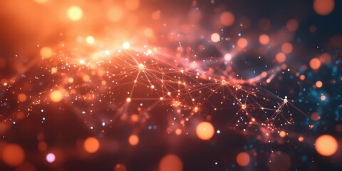 Obraz premium Vibrant digital abstract illustration showcasing interconnected nodes and glowing particles in a cosmic environment