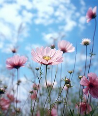 Pink cosmos flowers blooming in the garden under a blue sky with white clouds. Beautiful floral background.