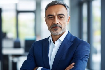 Fototapeta premium Portrait of a confident middle aged man in blue suit standing in bright modern office with serious expression