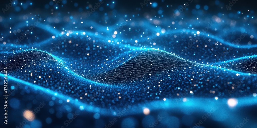 Poster visual representation of shimmering blue waves in a digital landscape with luminous particles illumi