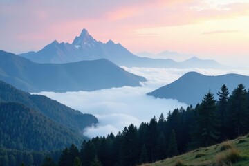 Obraz premium Misty mountain peaks shrouded in fog, ethereal landscape, landscape, light, sky