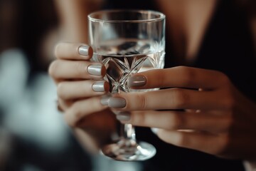 Elegant woman holding glass of water, close-up of hands and glass, stylish setting