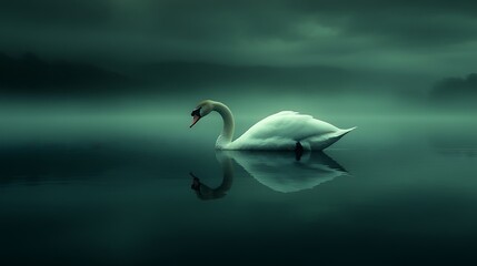 Serene swan floats on calm, dark water, reflected perfectly, misty background.