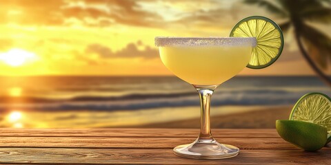 Realistic 3D Icon Cartoon of A Classic Margarita in a Salt-Rimmed Glass on a Wooden Table with a Golden Beach Background