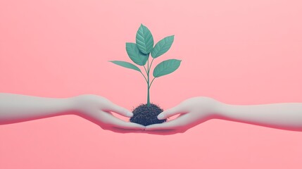 Hands Nurturing Sapling Together for Sustainable Future in 3D