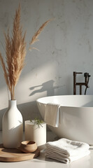 sunlit minimalist bathroom with white bathtub and pampas grass