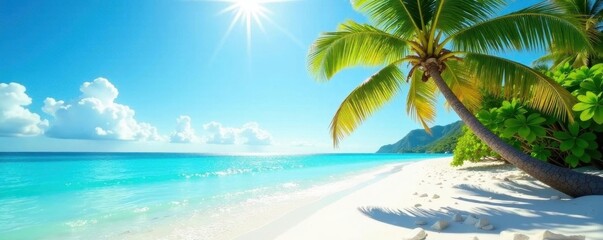 Fototapeta premium Sun-drenched white sand, turquoise water, palm trees sway gently in breeze, breathtaking, waves