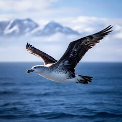Obraz premium A seagull flying over the ocean with snow-capped mountains in the background