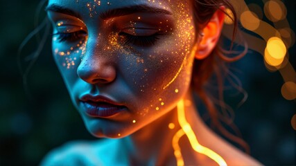A woman's face is covered in orange sparks