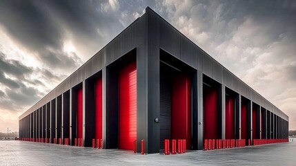 Serene industrial building with red doors under a setting sun cloudy sky and red barrier lined entrance