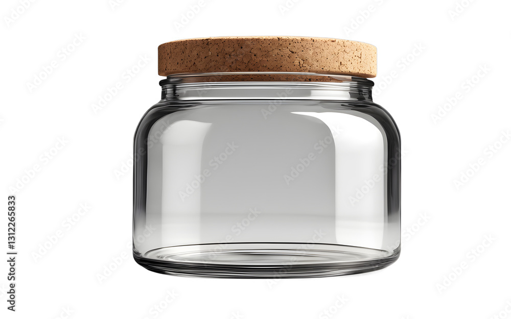 Poster a transparent glass jar with a cork lid, isolated on a empty plain background