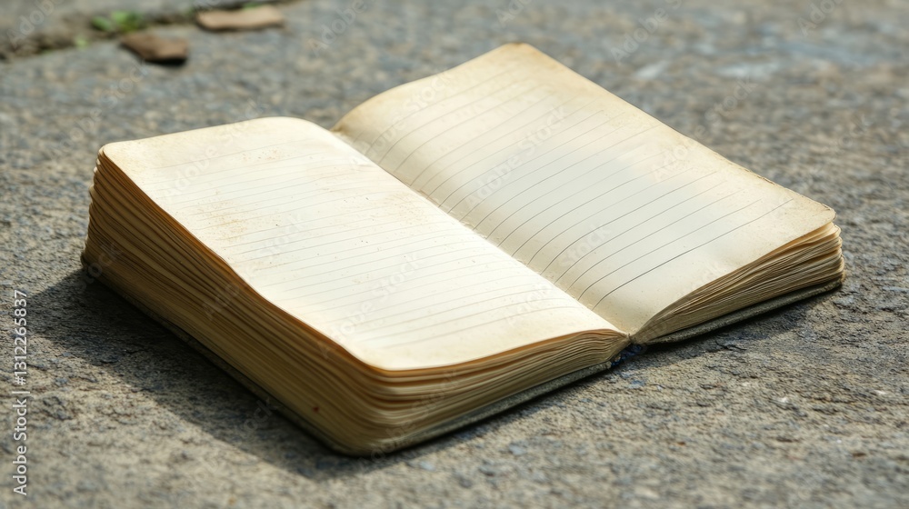 Poster an open vintage notebook with lined pages on a rustic stone surface, ideal for writing or sketching 