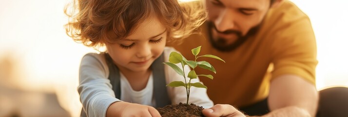 Father and child planting tree seedling in garden, nurturing environment, connection, care