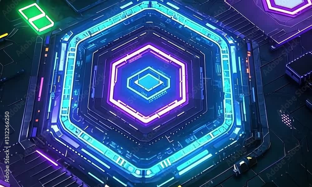 Poster futuristic neon circuit board with hexagonal structure: high-tech digital design stock video 4k ultr