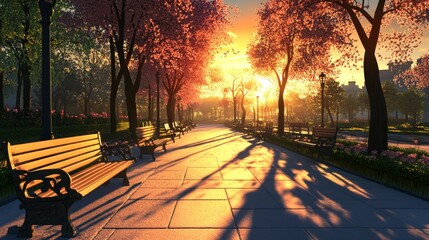 Beautiful park walkway lined with flowering trees and benches at sunset