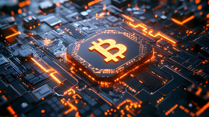 Glowing Bitcoin Symbol on Circuit Board
