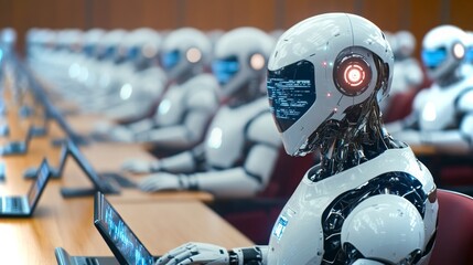 Advanced robots engage in collaborative tasks in a futuristic workspace setting