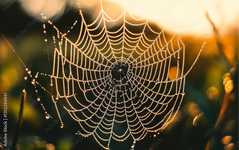 Aufkleber spider web close up with dew drops surrounded by greenery illuminated by sunlight creating a serene 