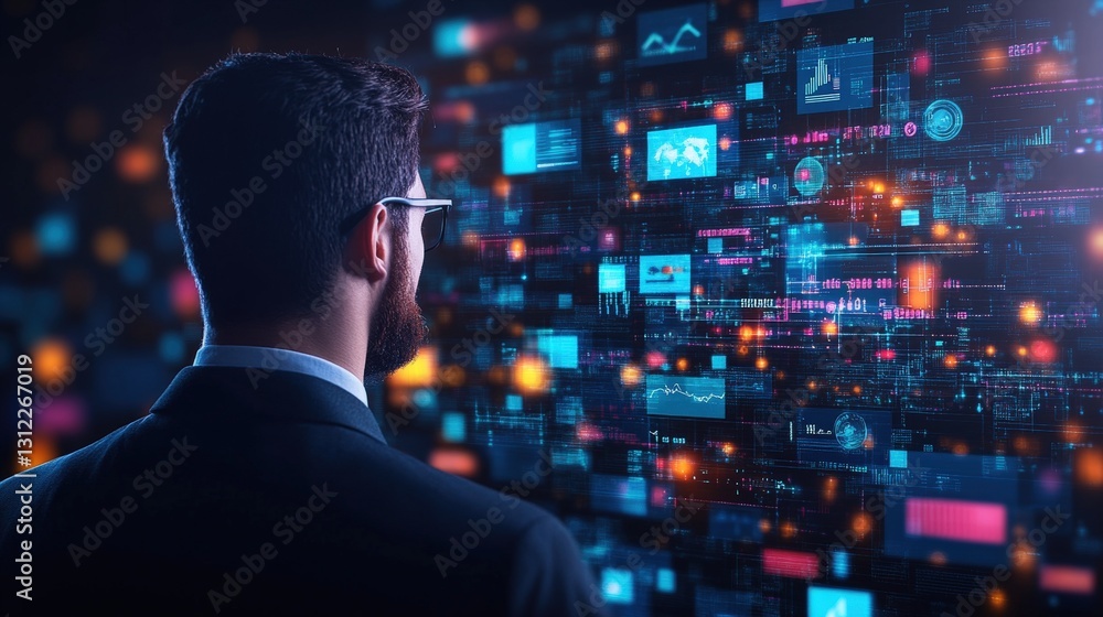 Poster engaged man interacting with a digital interface on a screen in a modern workspace or technology-dri