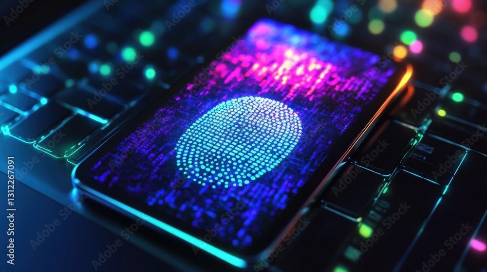 Poster smartphone displaying a colorful fingerprint scan on a keyboard with vibrant lights in the backgroun