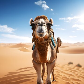 A camel stands in the desert, its brown coat contrasting against the sandy landscape.