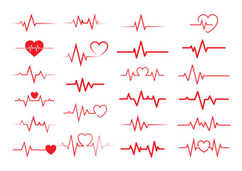 Red heartbeat line collection with heart symbol, cardiology, medical pulse, ECG, EKG design, healthcare clipart vector illustration, health monitoring, digital heartbeat graphics