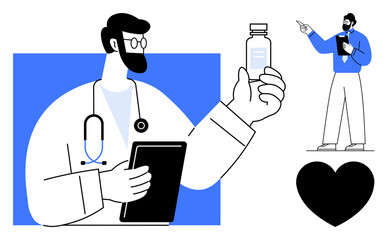 Doctor holding a tablet and studying a vial while a colleague presents heart icon symbolizes care. Ideal for healthcare, teamwork, medical innovation, research, collaboration, education, flat simple