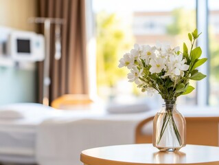 White flowers in a vase on a table in a hospital room with natural light