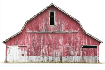 A charming red barn stands with a weathered wood exterior against a clean white backdrop, embodying rustic charm and countryside nostalgia, ideal for agriculture themes.