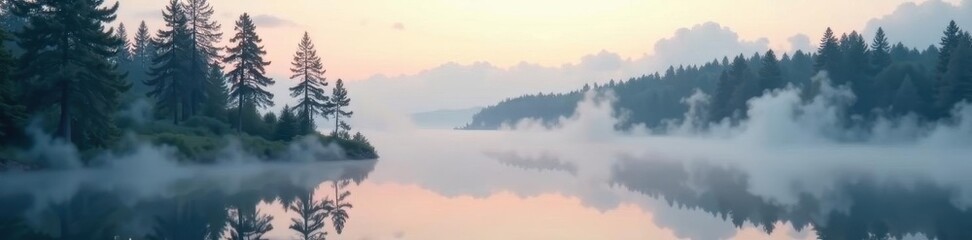Fototapeta premium Misty morning, lake shrouded in fog, tall pines, woods, water, photo