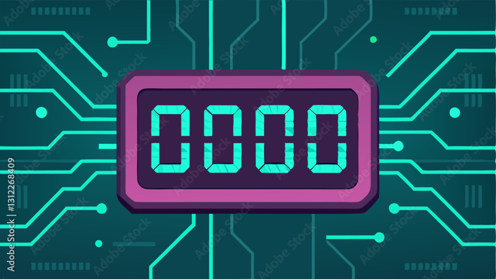 Poster techinspired timer a digital countdown timer on a circuit board background displaying neoncolored nu