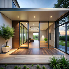 an aesthetic home entrance with large glass slidin