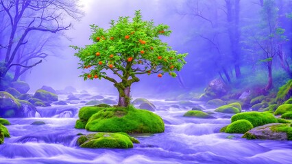 Fruit tree on mossy rocks in a misty forest stream.