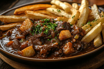 Hearty Flemish stew served with crispy French fries, rich textures and warm lighting