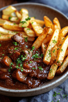 French Carbonade Flamande: Hearty Flemish Stew Paired with Crispy French Fries, Rich Texture, and Warm Lighting