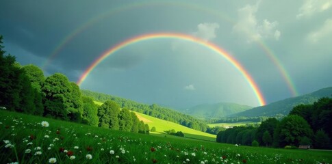 Obraz premium Vast double rainbow arcs over lush green canopy, scenic view, awe