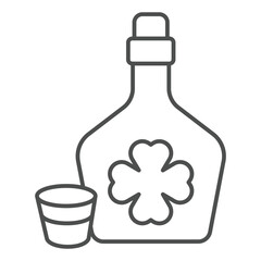 Bottle with strong drink and shot glass thin icon, saint Patrick day concept. Vector graphics. Whisky bottle drink with clover sign on white background, outline style icon for mobile or web.