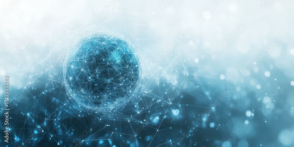 Poster digital representation of a spherical network with glowing connections in a blue abstract background