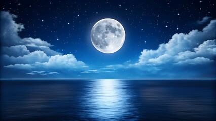 Serene full moon reflecting on calm ocean water under a starry night sky.