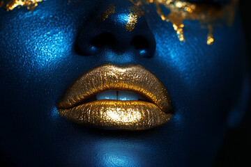 Art portrait african woman fashion model on black background gold luxury accessories bijouterie jewelry bracelet earrings Beautiful face sexy girl metallic golden