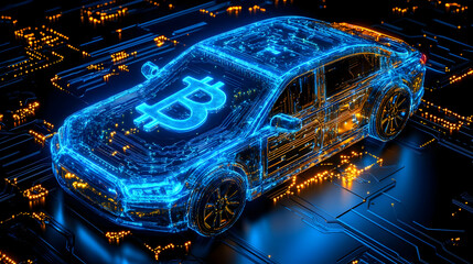 Glowing Blue Digital Car with Bitcoin Symbol on Circuit Board Background