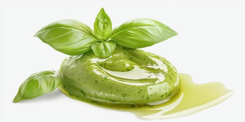 Obraz premium Realistic 3D Icon Cartoon of A Fresh Basil Pesto Sauce with Olive Oil Drizzle