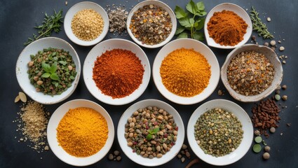 Colorful Assortment of Dried Spices and Herbs in Bowls Arranged Artfully on a Dark Surface