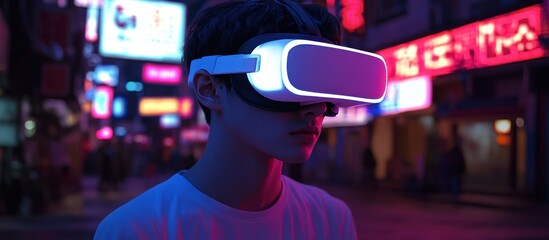 Young man using VR headset in a vibrant city at night.